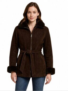 Wilsons Leather Brown Faux Fur Collar Cuffs Suede Leather Coat